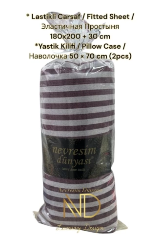 Çizgili Çift Kişilik Fitted Micro Saten Çarşaf ve 2 Yastık Kılıfı Bordo