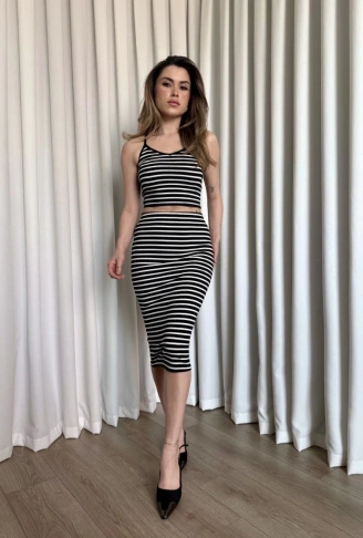 Çizgili etek crop takım