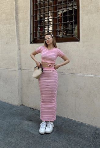 Çizgili etekli takım pembe s3609