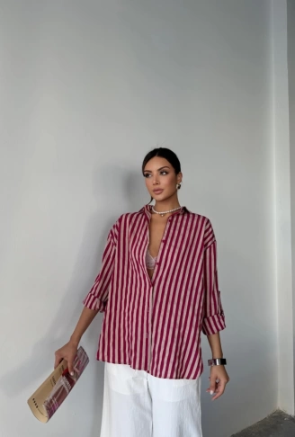 ÇİZGİLİ GÖMLEK  KETEN - Bordo