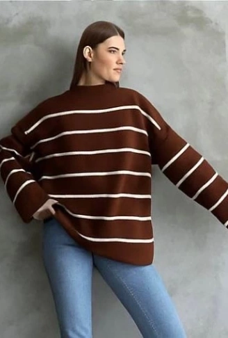 Çizgili ispanyol kol triko boğazlı kahve beyaz elf