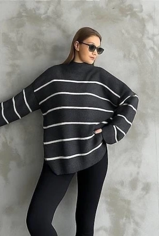 Çizgili ispanyol kol triko boğazlı kazak antrasit elf