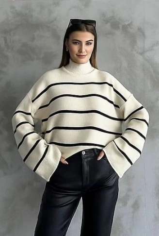 Çizgili ispanyol kol triko boğazlı kazak beyaz elf