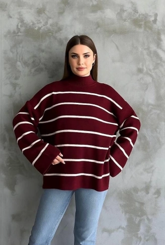Çizgili ispanyol kol triko boğazlı kazak bordo elf