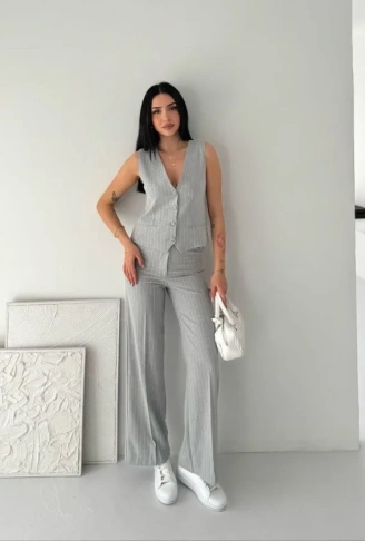 Çizgili Tansel Kumaş Yelek Pantolon İkili Takım Ofis Şık Modern - Gri