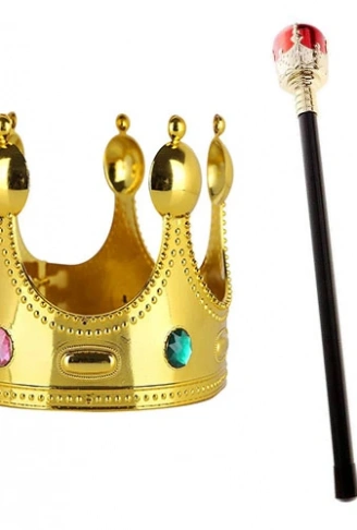 Çocuk Boy Altın Renk Kral Tacı ve Kırmızı Topuzlu Kral Asası (4940)