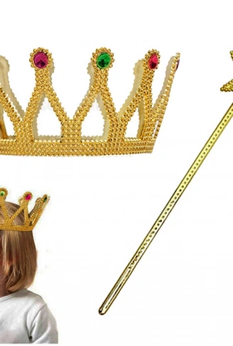 Çocuk Boy Kraliçe Prenses Tacı ve Yıldız Peri Asası Altın Renk (4940)