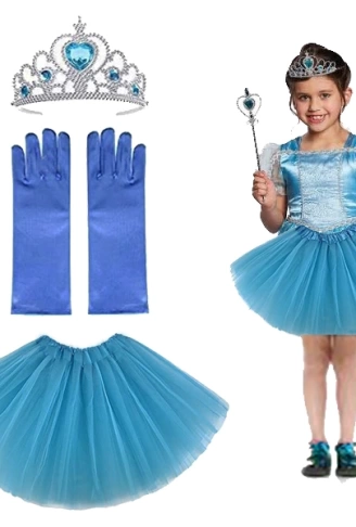 Çocuk Elsa Kostümü Elsa Eteği Eldiveni Tacı ve Asası 4 lü Set (4940)