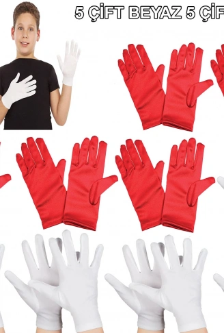 Çocuk Gösteri Eldiven Seti – 5 Çift Beyaz &amp;amp; 5 Çift Kırmızı (4940)
