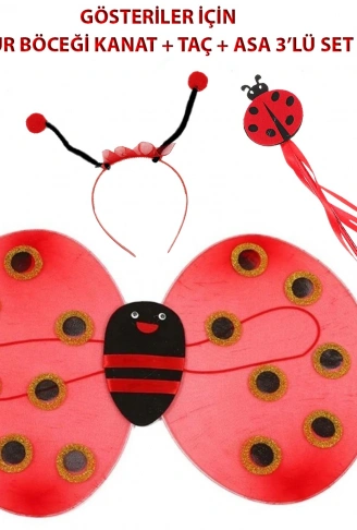 Çocuk Gösteri İçin Uğur Böceği Kanat + Taç + Asa 3'lü Kostüm Seti (4940)