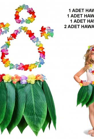 Çocuk Hawaii Kostüm Seti - Yaprak Etek &amp;amp; Hawaii Set - 5 Parça (4940)