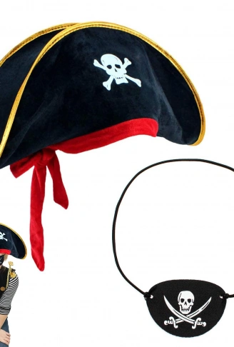 Çocuk Kadife Korsan Şapka &amp;amp; Vinleks Deri Göz Bandı Seti (4940)