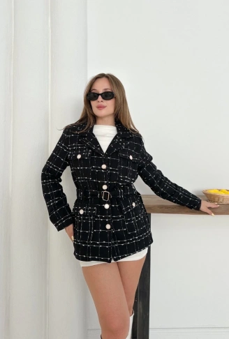 Çok düğmeli kemerli yüksek kaliteli astarlı ceket siyah os255859