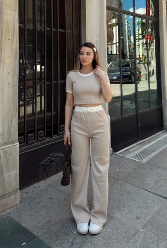 Crop pantolon biyeli takım bej