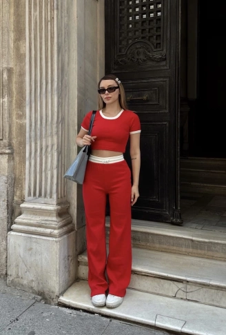 Crop pantolon biyeli takım kırmızı