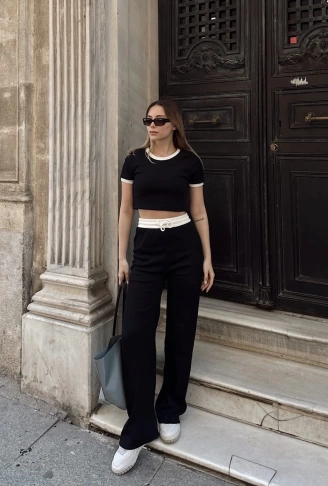 Crop pantolon biyeli takım siyah