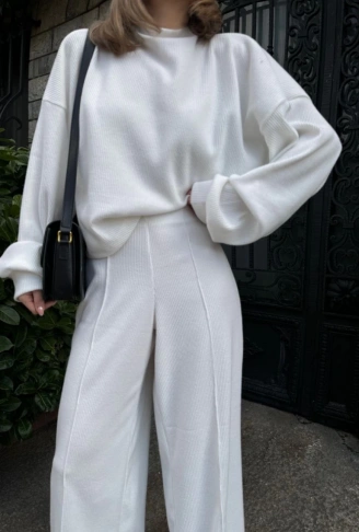 Crop, Pantolon Fitilli İkili Takım -Beyaz