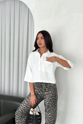 Crop Yakalı Gömlek Üç Çeyrek Sleeve Kol - Beyaz