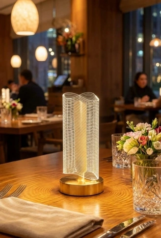 Dalgalı Silindirik Kristal Çizgili Model LED Masa Lambası – Gold Tabanlı, Dokunmatik, 3 Renk Işık Modlu, Şarjlı Modern Dekoratif Gece Lambası (4940)