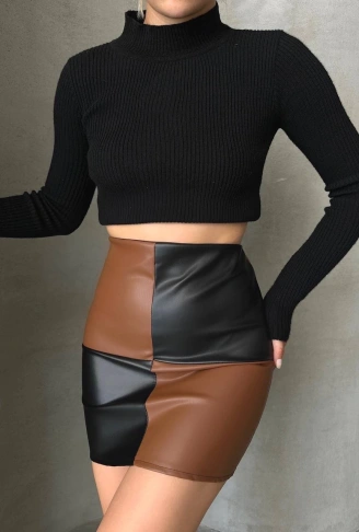 Damalı deri etek siyah kahve w24648