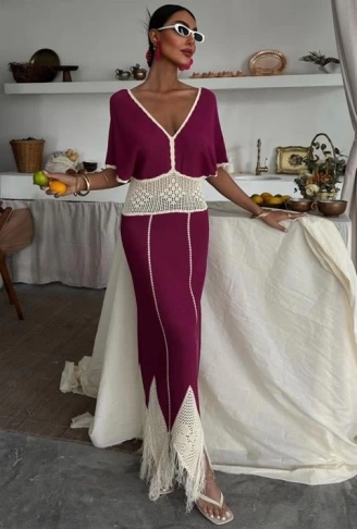 Dantel Desenli V Yaka Triko Elbise 2844