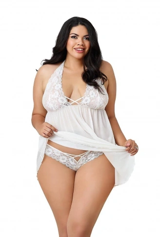 Dantelli Beyaz Büyük Beden Gecelik TM1273
