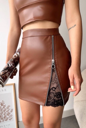Dantelli fermuarlı deri etek kahve w24598