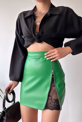 Dantelli fermuarlı deri etek yeşil w24598