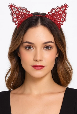 Dantelli Kırmızı Kedi Tacı - Vintage Tarz Dantel Kedi Kulak (4940)