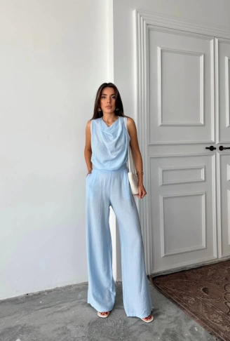 DEGAJE YAKA KOLSUZ BLUZ - PANTOLON TAKIM - Mavi