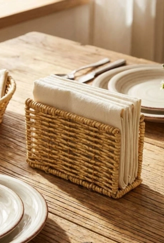 Dekoratif Plastik Rattan Dikdörtgen Peçetelik–Doğal Hasır Dokulu Masaüstü Peçete Standı (4940)