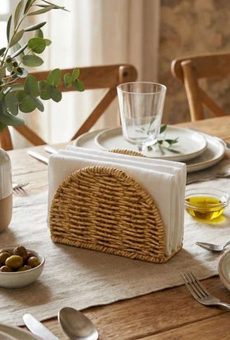 Dekoratif Plastik Rattan Yarım Yuvarlak Peçetelik–Doğal Hasır Dokulu Masaüstü Peçete Standı (4940)