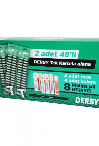 DERBY TEK BIÇAK KARTELALI JİLET 96 PARÇA 4 KALEM 4 İNCE PİL HEDİYELİ (4940)