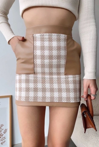 Deri cep garnili kaşe etek bej h24604