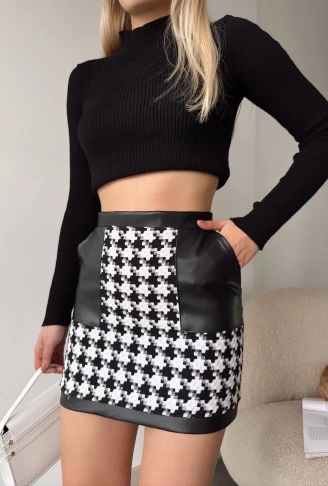 Deri garnili kaz ayağı kaşe etek siyah h24604