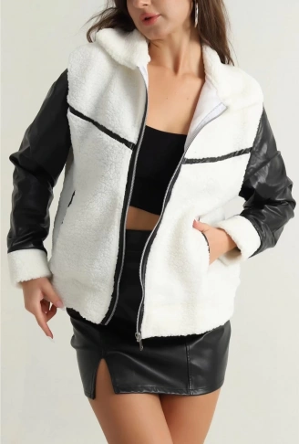 Deri garnili kuzu peluş mont beyaz t1220