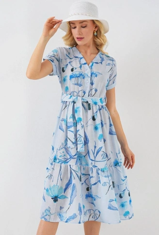 Desenli Kısa Kol Elbise 2558 - Mavi