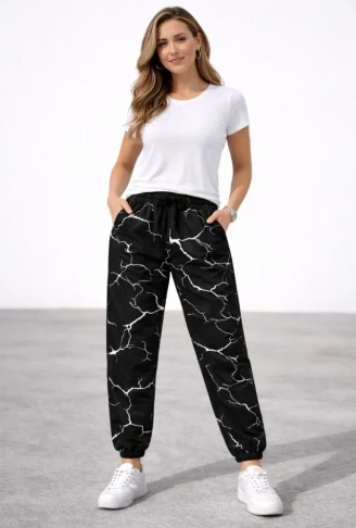 Dijital Baskılı Eşofman Altı Kışlık Üç İplik Şardonlu Kumaş Lastikli Paça, Cepli, Rahat Kalıp - Siyah