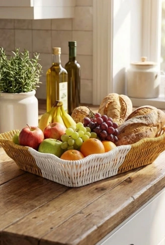 Dikdörtgen Çift Renkli Plastik Rattan Ekmek ve Meyve Sepeti - Çok Amaçlı Banyo ve Mutfak Düzenleyici - Yıkanabilir Tezgâh Üstü Organizer (4940)