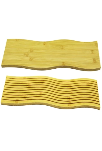 DİKDÖRTGEN ÇİFT TARAFLI : DÜZ - DALGALI OYUK DESENLİ AHŞAP BAMBU SUNUM TEPSİ 15X39CM (4940)