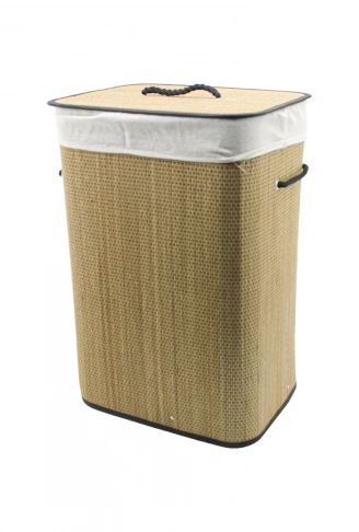 DİKDÖRTGEN HASIR - AHŞAP KİRLİ ÇAMAŞIR SEPETİ 42X32X60CM SEYYAR KAPAKLI İÇİ BEZLİ İP KULPLU (4940)