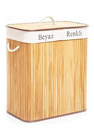 DİKDÖRTGEN İKİ BÖLMELİ İÇ BEZ BAMBU AHŞAP KİRLİ ÇAMAŞIR SEPETİ İP KULP 52X32X62CM (4940)