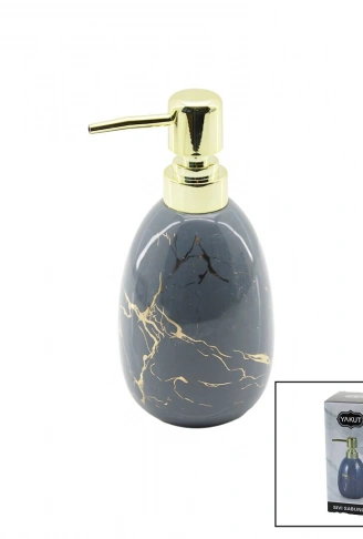 DİKEY TOMBUL GRİ MERMER DESEN SERAMİK SIVI SABUNLUK GOLD KAPAK (4940)