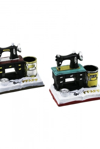 DİKİŞ MAKİNE VİNTAGE DEKORATİF BİBLO - RENKLİ KALEMLİK 12X13.5X9CM REÇİNE (4940)