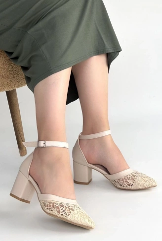 Dmop Bej Cilt Tül Detaylı Topuklu Ayakkabı