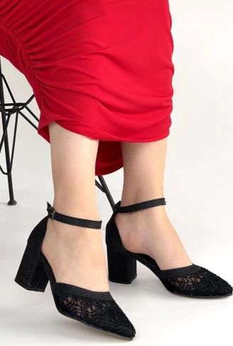 Dmop Siyah Cilt Simli Tül Detaylı Topuklu Ayakkabı