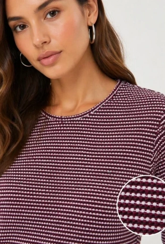 Dokulu Çizgili Uzun Kollu Tişört Oval Kesim Basic Rahat Kalıp Bluz - Bordo