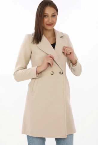 Düğmeli İçi Astarlı Kaşmir Kaşe Kaban - Bej
