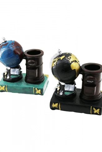 DÜNYA - KİTAP VİNTAGE DEKORATİF BİBLO - KALEMLİK RENKLİ 15X13.5X8CM REÇİNE (4940)