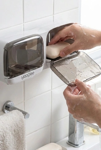 Duvara Monte İkili Kapaklı Plastik Katı Sabunluk Organizer – Banyo &amp; Mutfak İçin Yapışkanlı Sabun Kutusu ve Düzenleyici (4940)